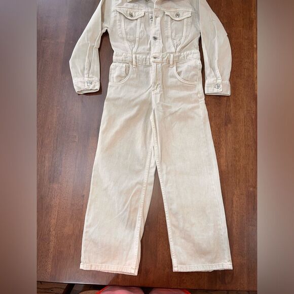 Zara Full Length Denim Overall Long Sleeve Wide Legs Buttons Tan Girls Size 09 - Picture 4 of 7